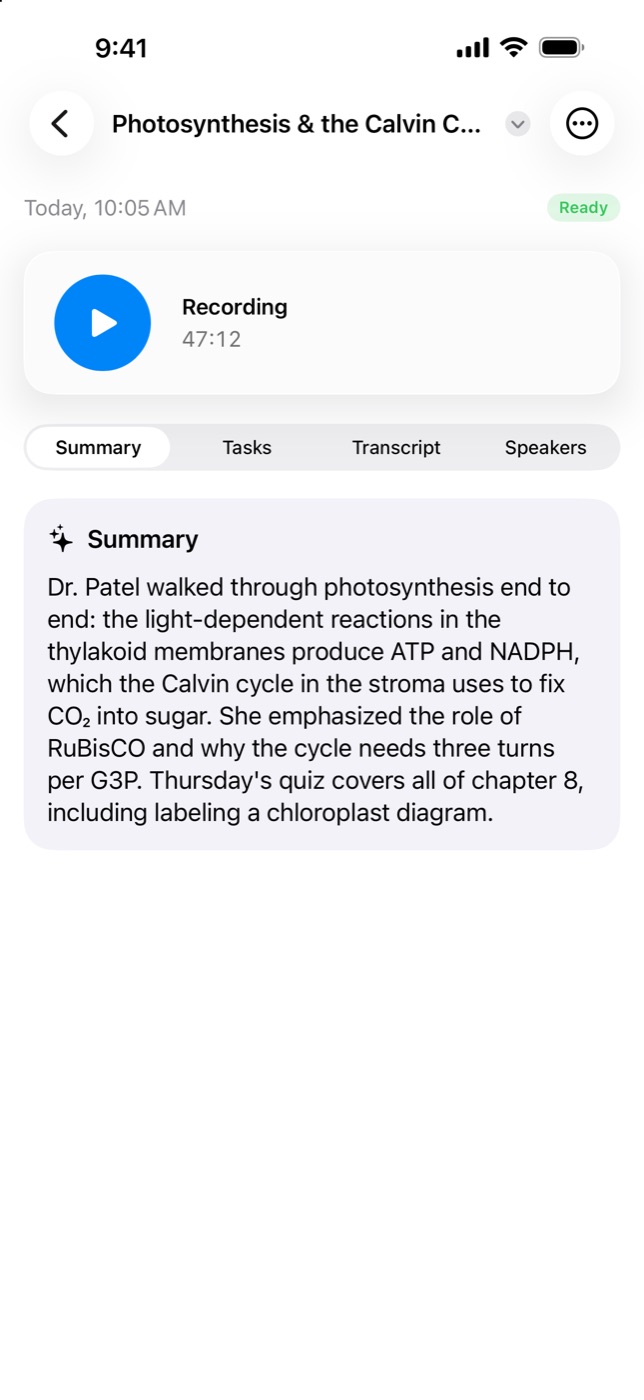 A lecture note in Hermit showing a 47-minute recording and its AI summary
