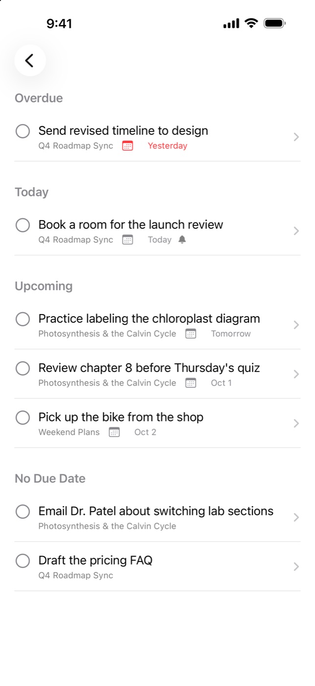 Hermit's Tasks view listing tasks from several notes, grouped by due date